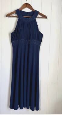 Jessica Howard Womens Evening Dress Blue Halter Beaded Neck & Waist Size 12